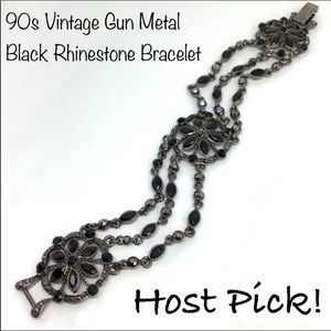 90s Vintage Gun Metal Black Rhinestone Bracelet